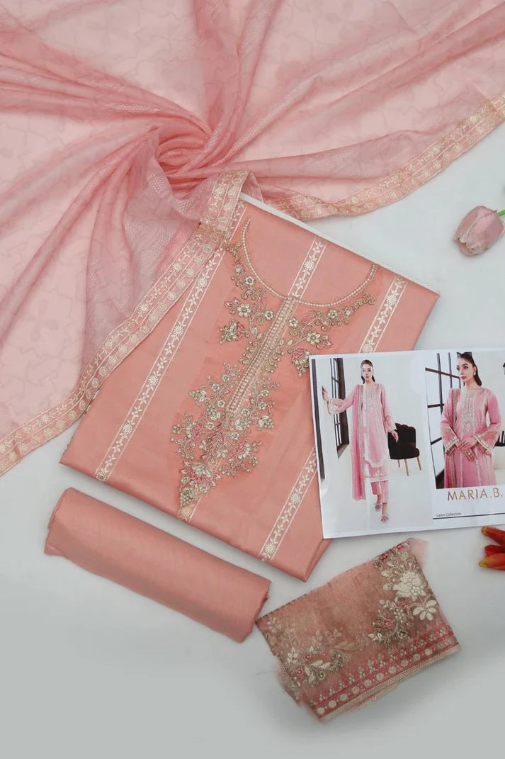 3-Piece Embroidered Dhanak Suit – Soft Peach | Heavy Sequence Work | Winter Collection