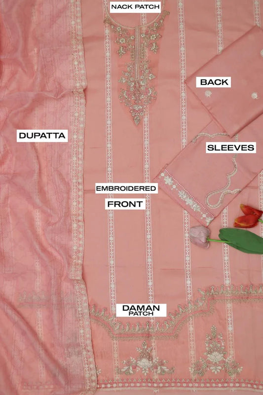 3-Piece Embroidered Dhanak Suit – Soft Peach | Heavy Sequence Work | Winter Collection