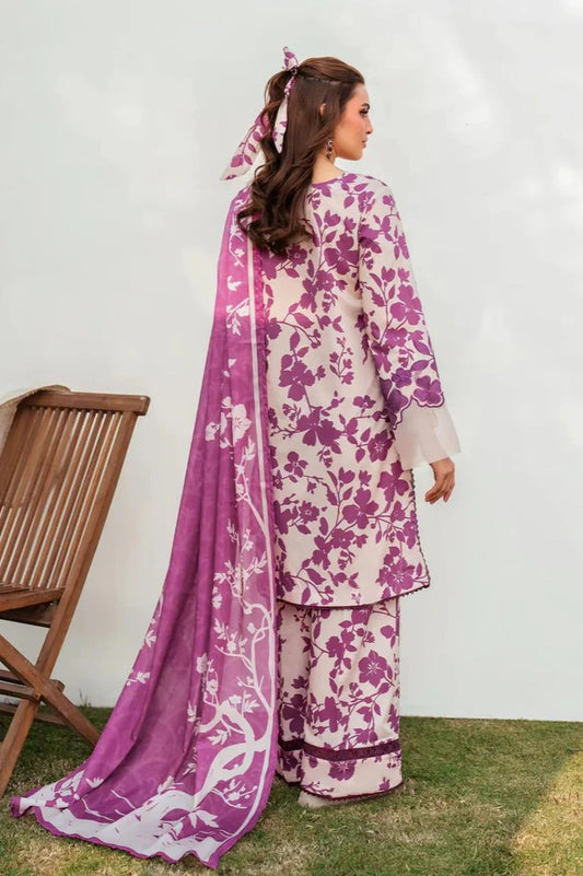 3-Piece Printed Lawn Suit – White & Magenta | Embroidered Neck & Daman | Chiffon Dupatta
