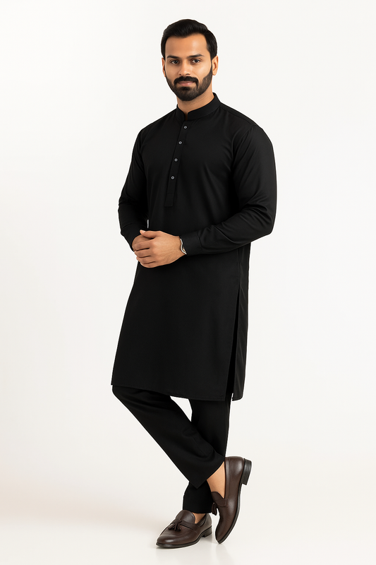 Premium Egyptian Cotton – Jet Black | Luxury Men’s Shalwar Kameez Fabric (4.5m)