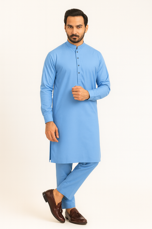 Premium Egyptian Cotton – Sky Blue | Luxury Men’s Shalwar Kameez Fabric (4.5m)