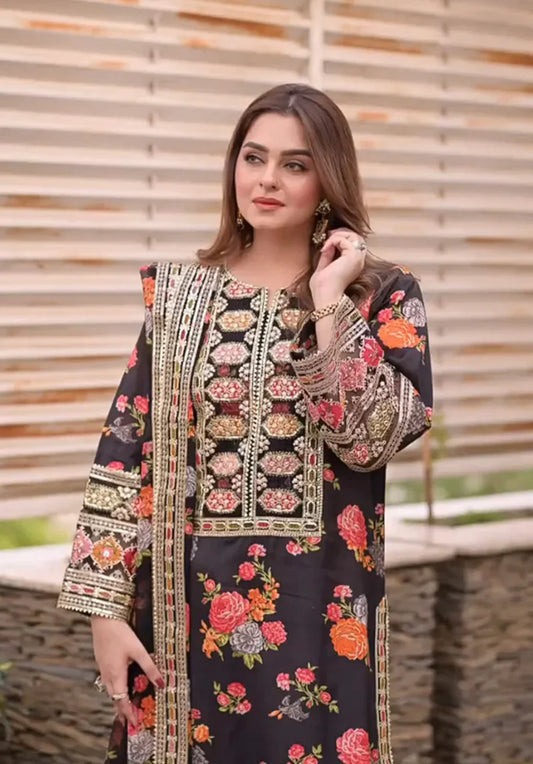 3-Piece Unstitched Silk Suit – Black Floral | Heavy Embroidery | Digital Print