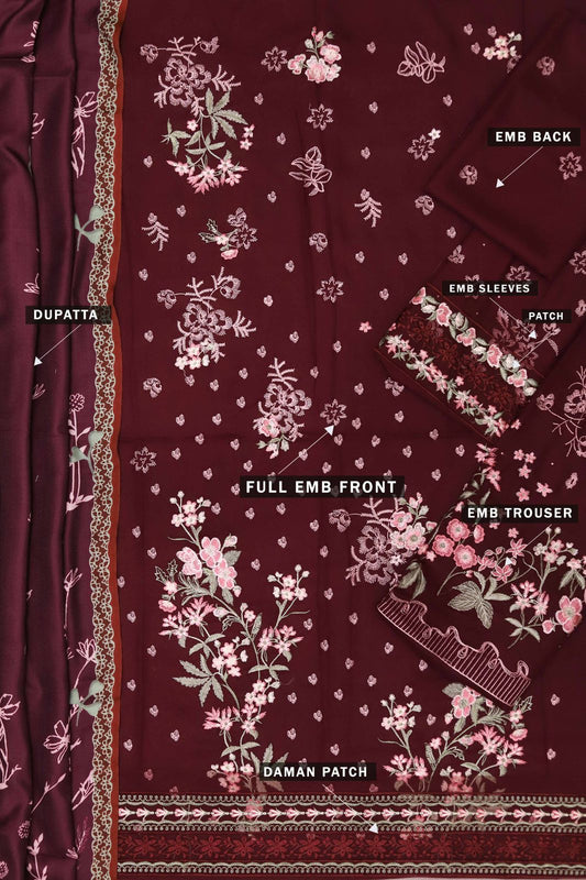 Khaadi Dhanak 3-Piece Embroidered Suit – Deep Maroon | Wool Shawl | Heavy Trouser Embroidery