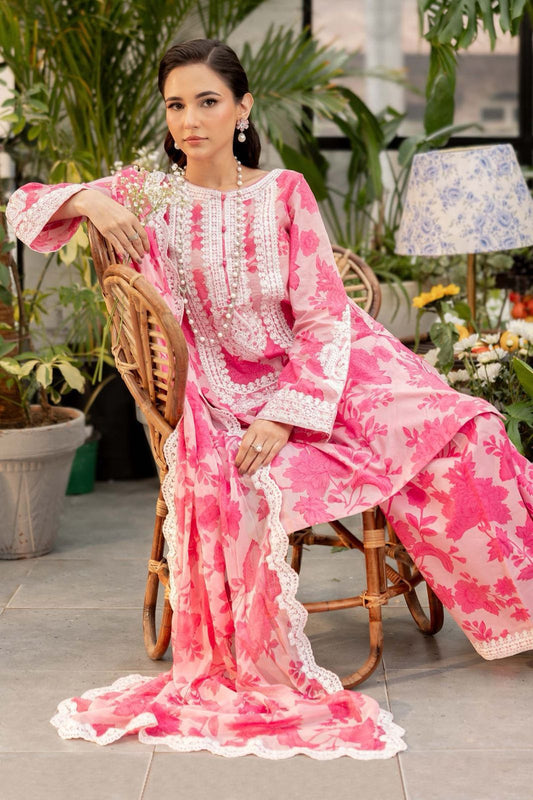Maria B Digital Printed Linen 3-Piece – Pink Floral | Heavy Embroidery Patches | 4-Side Patti Dupatta