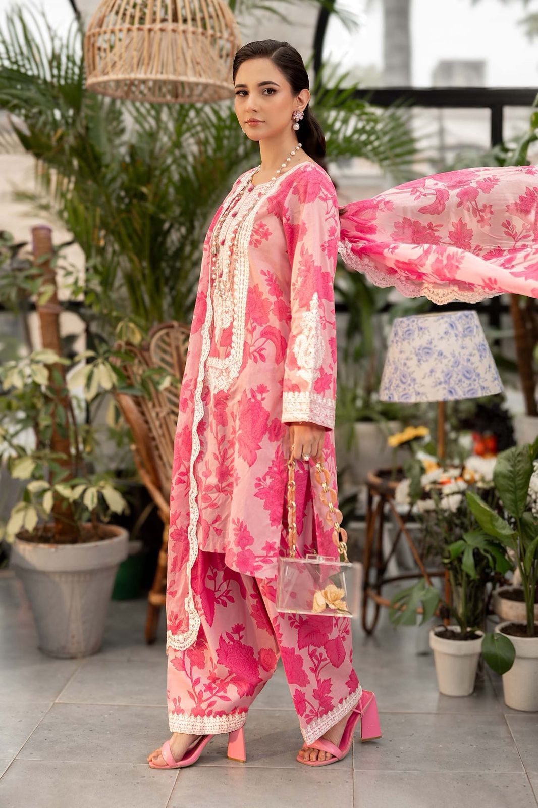 Maria B Digital Printed Linen 3-Piece – Pink Floral | Heavy Embroidery Patches | 4-Side Patti Dupatta