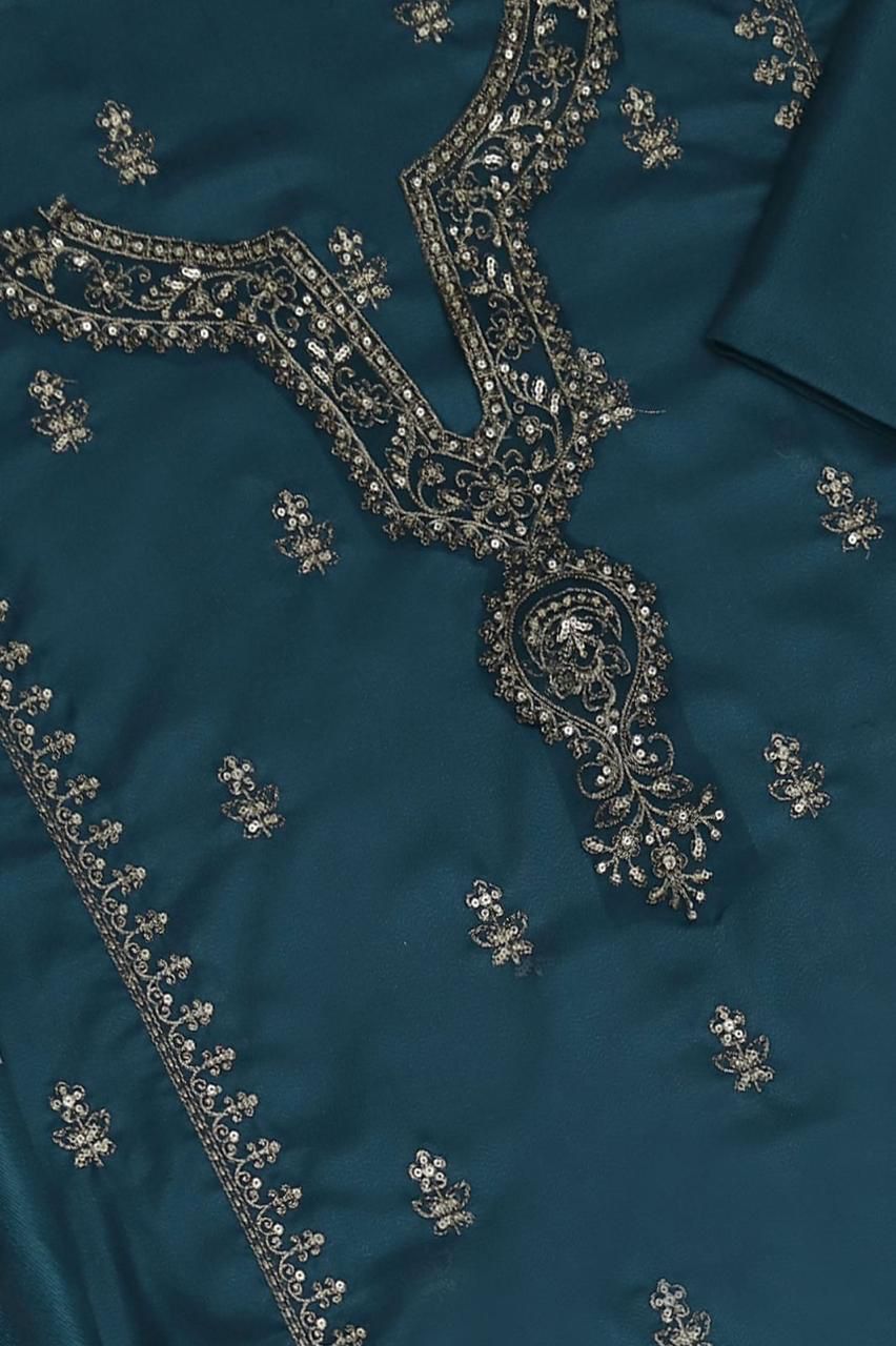 3PC Dhanak Embroidered Suit | Teal Blue & Rust | Digital Wool Shawl