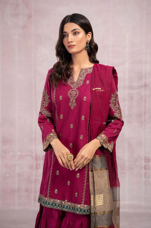 Dhanak 3PC Embroidered Suit | Deep Maroon | Digital Print Dupatta