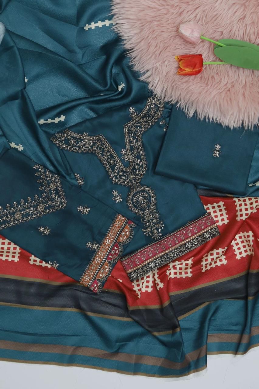 3PC Dhanak Embroidered Suit | Teal Blue & Rust | Digital Wool Shawl