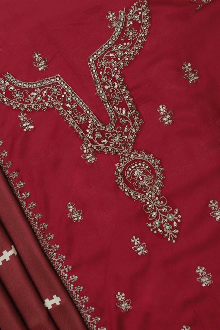 Dhanak 3PC Embroidered Suit | Deep Maroon | Digital Print Dupatta