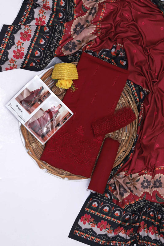 Mahnur Dhanak – 3PC Embroidered Suit | Deep Maroon | Digital Wool Shawl