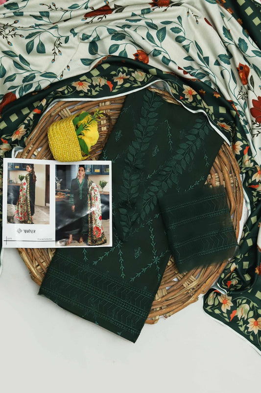 Mahnur Dhanak – 3PC Embroidered Suit | Deep Emerald Green | Premium Wool Shawl
