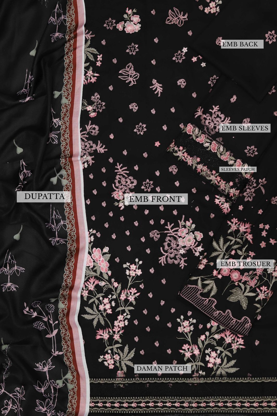 Khaadi Dhanak – 3PC Embroidered Suit | Classic Black & Pink | Wool Shawl