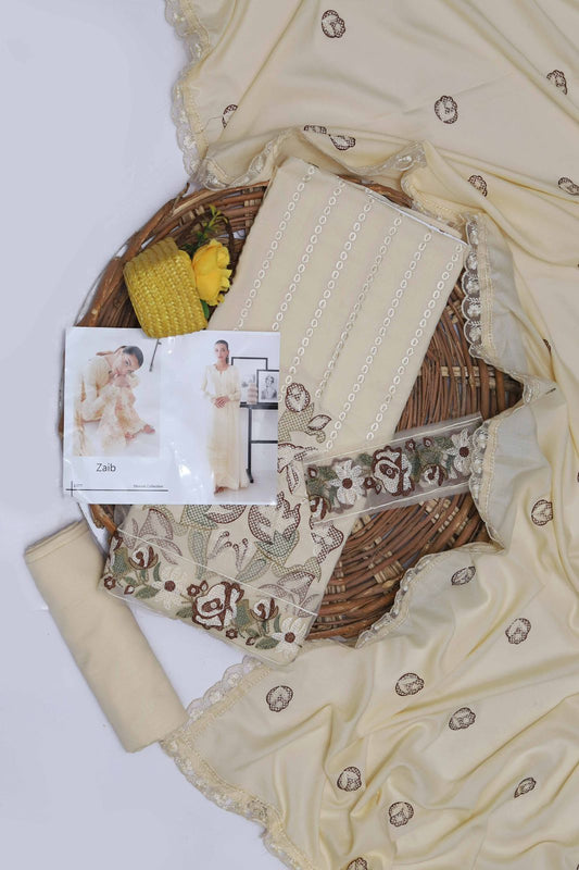 Zaib – Dhanak 3PC Embroidered Suit | Ivory Glow | Wool Shawl