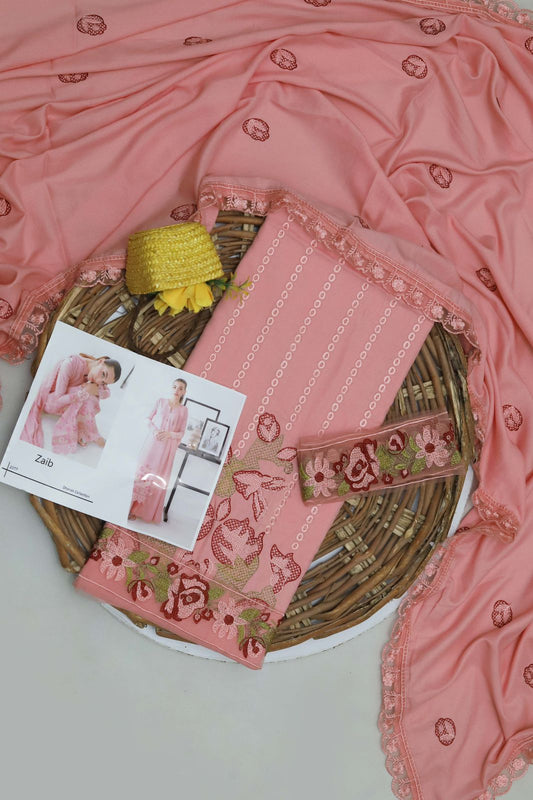 Dhanak Zaib – 3PC Embroidered Suit | Soft Pink | Wool Shawl