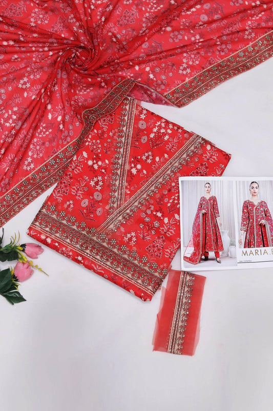 Maria.B – 3PC Embroidered Suit | Crimson Red | Swiss Voile Dupatta