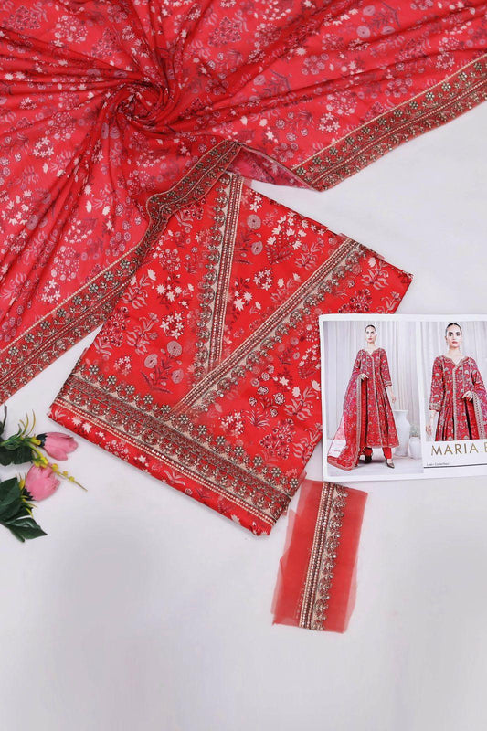 Maria.B – 3PC Embroidered Suit | Crimson Red | Swiss Voile Dupatta - SIFLANI
