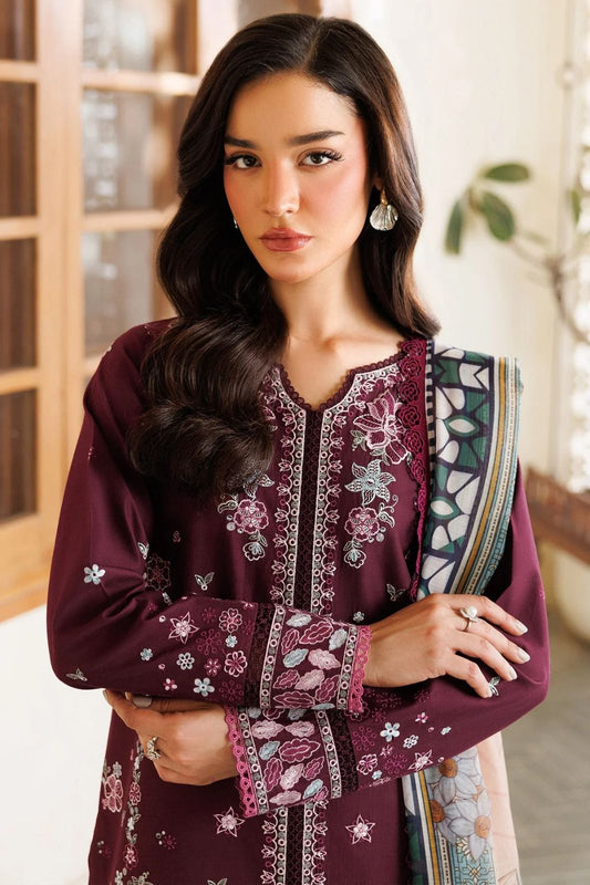Farasha – 3PC Embroidered Suit | Deep Maroon | Wool Shawl