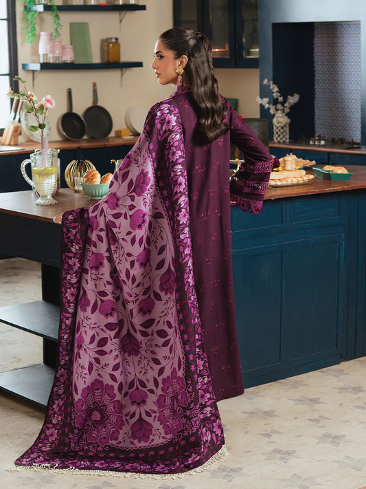 Mahnur Dhanak – 3PC Embroidered Suit | Plum Purple | Wool Shawl