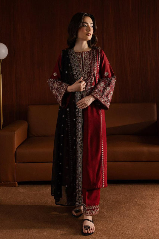 Farasha – Dhanak | Deep Maroon | Embroidered Suit with Black Shawl