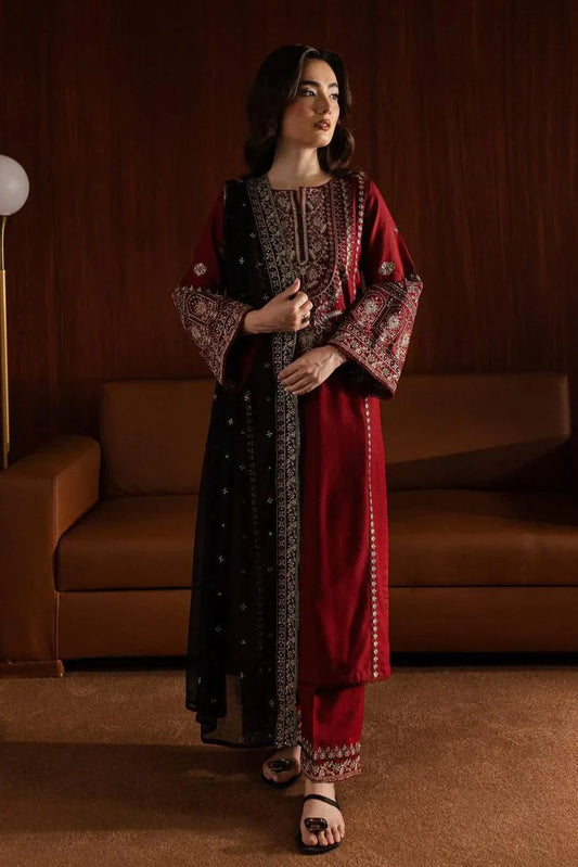 Farasha – Dhanak | Deep Maroon | Embroidered Suit with Black Shawl - SIFLANI