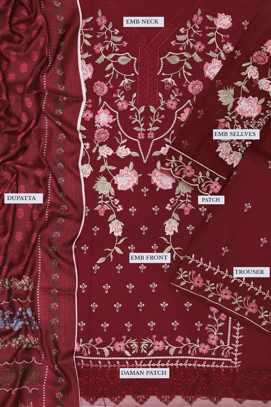 Maroon Dhanak 3-Piece Suit | Heavy Embroidered with Wool Shawl