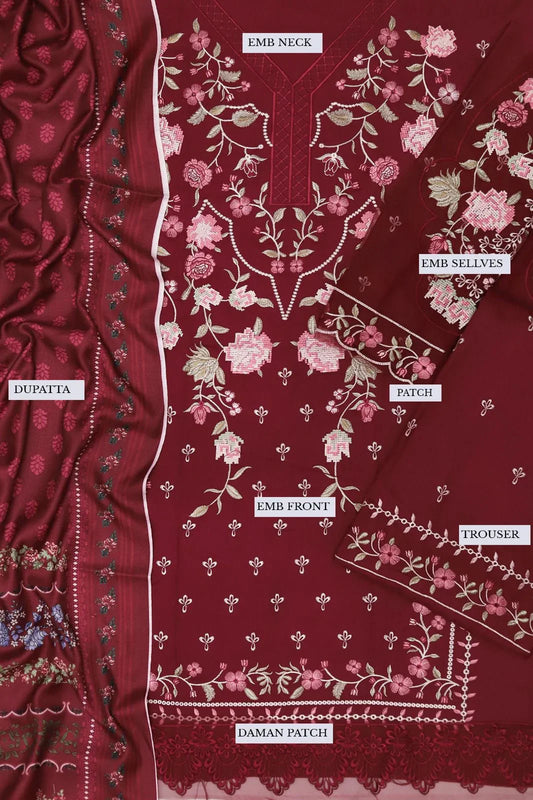 Maroon Dhanak 3-Piece Suit | Heavy Embroidered with Wool Shawl - SIFLANI