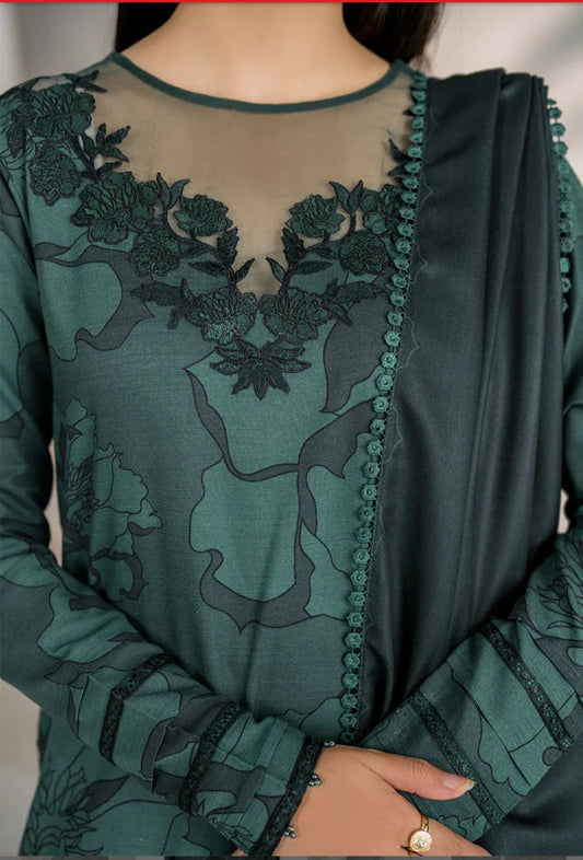 3-Piece Digital Printed Linen Suit – Dark Green Floral | Heavy Embroidery | Printed Collection