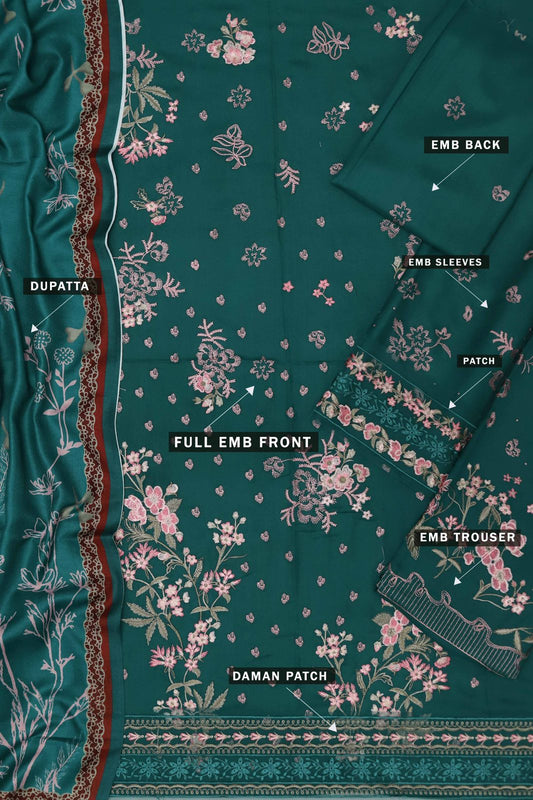 Dhanak Marina 3-Piece Embroidered Suit – Teal Green | Wool Shawl | Daman & Sleeves Patches