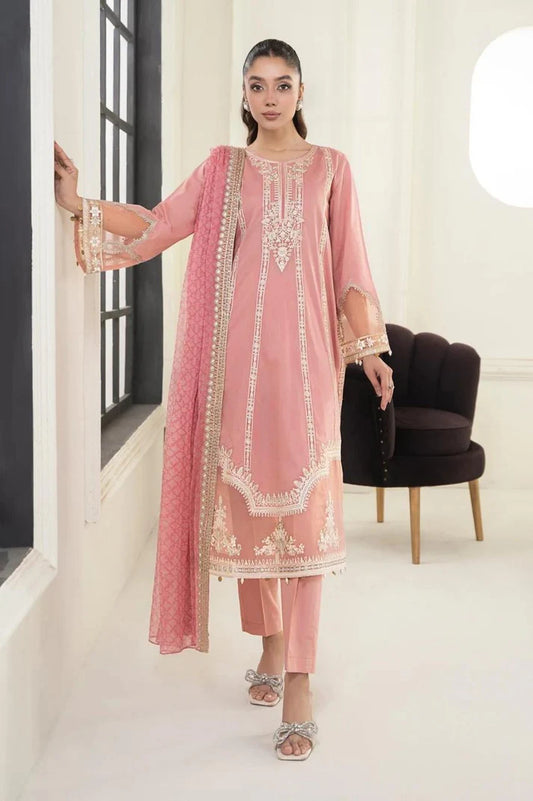 3-Piece Embroidered Dhanak Suit – Soft Peach | Heavy Sequence Work | Winter Collection