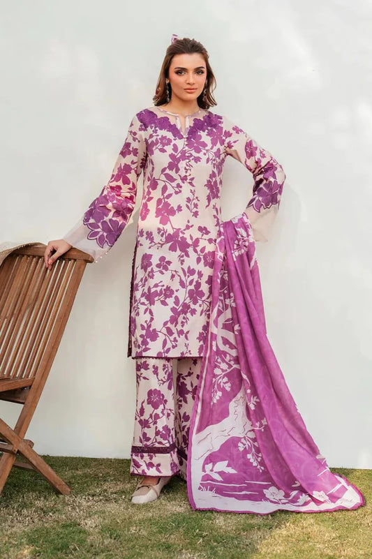 3-Piece Printed Lawn Suit – White & Magenta | Embroidered Neck & Daman | Chiffon Dupatta