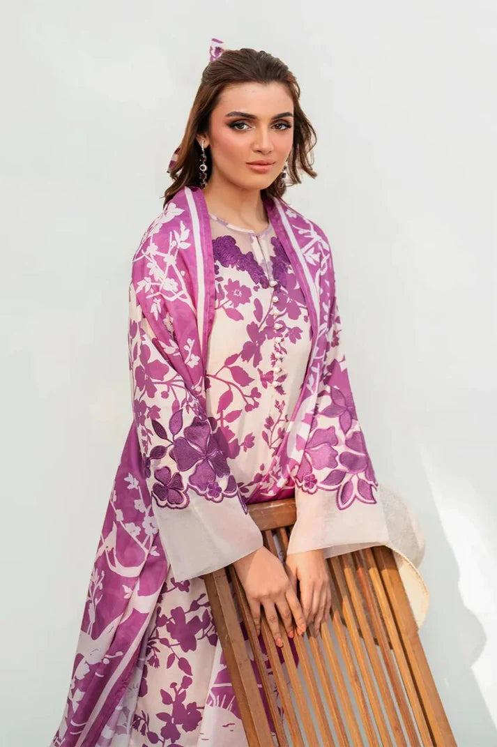 3-Piece Printed Lawn Suit – White & Magenta | Embroidered Neck & Daman | Chiffon Dupatta