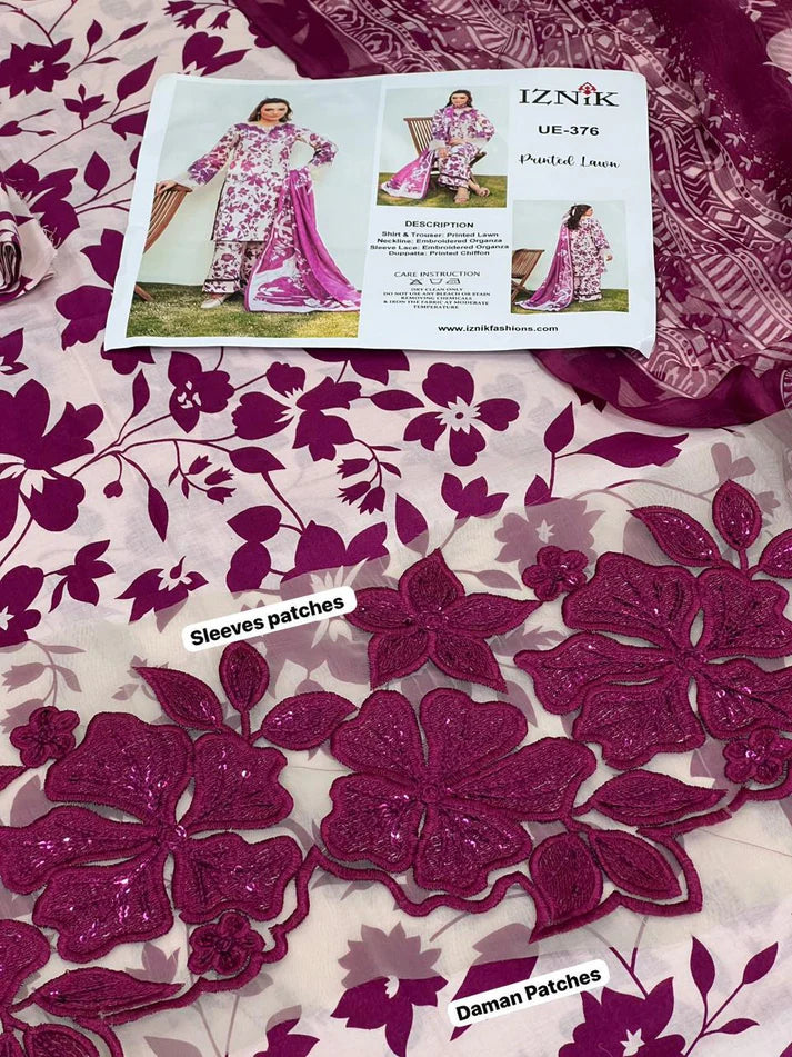 3-Piece Printed Lawn Suit – White & Magenta | Embroidered Neck & Daman | Chiffon Dupatta