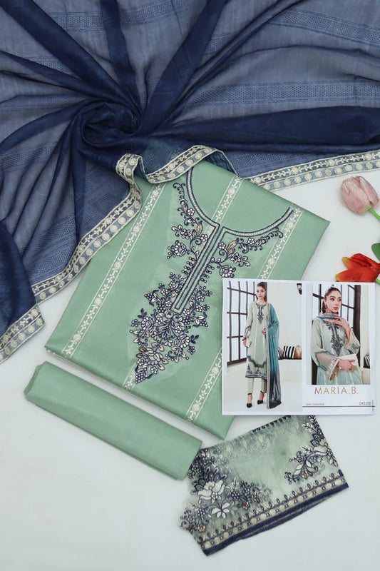 3-Piece Embroidered Dhanak Suit – Pastel Green & Navy | Heavy Sequence Work | Winter Collection