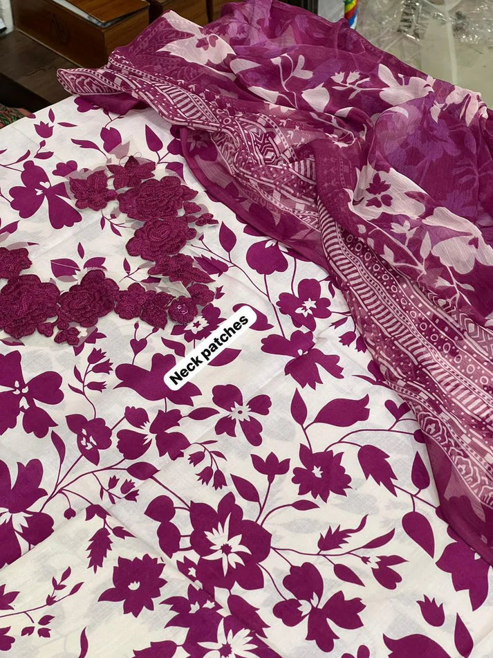 3-Piece Printed Lawn Suit – White & Magenta | Embroidered Neck & Daman | Chiffon Dupatta