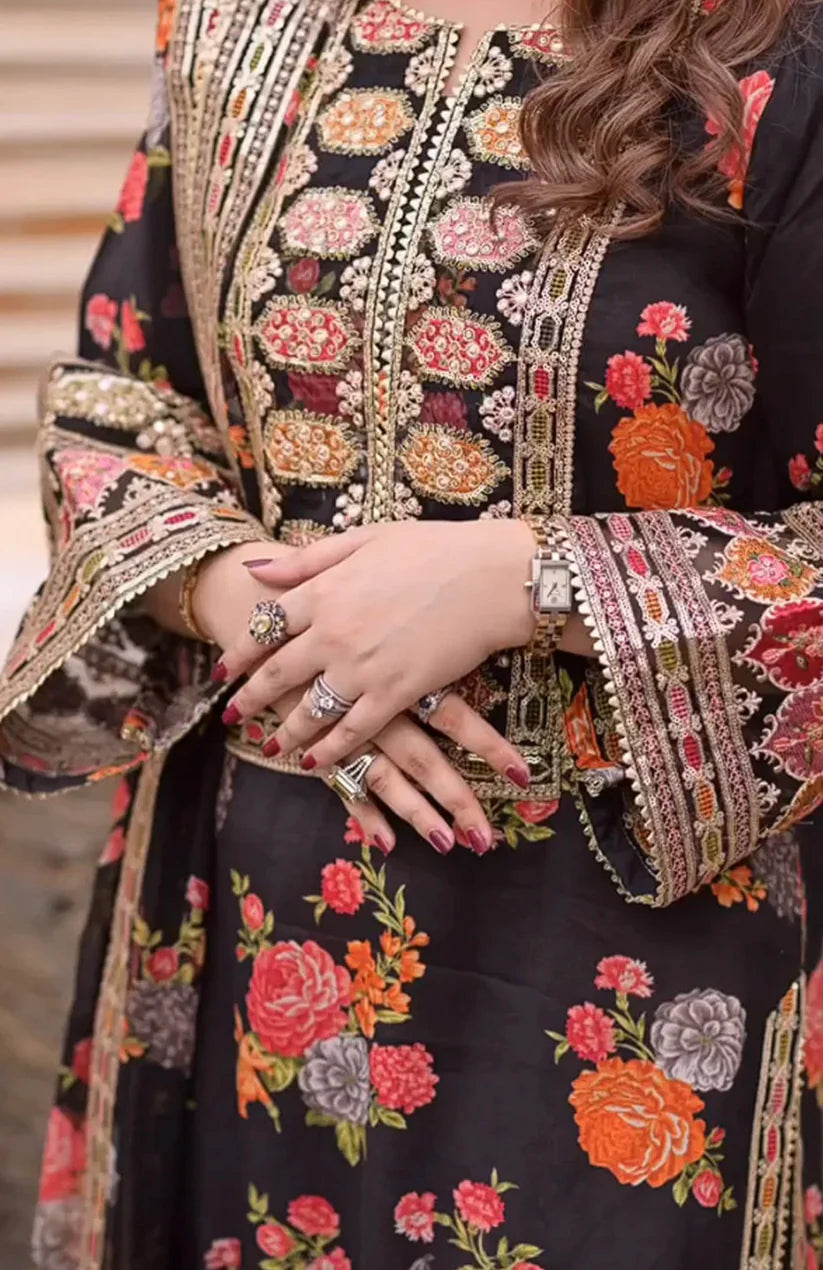 3-Piece Unstitched Silk Suit – Black Floral | Heavy Embroidery | Digital Print