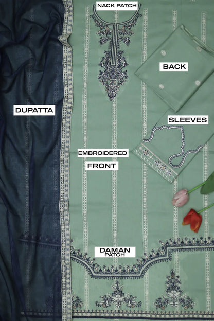 3-Piece Embroidered Dhanak Suit – Pastel Green & Navy | Heavy Sequence Work | Winter Collection