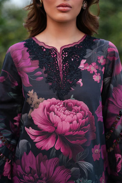 3-Piece Digital Printed Linen Suit – Black & Magenta Floral | Heavy Embroidery | Printed Collection