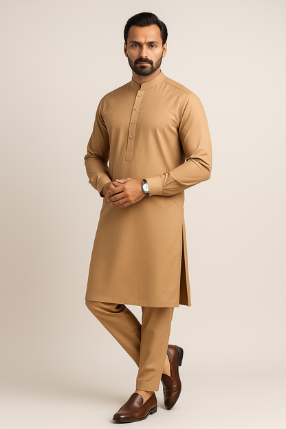 Pasha Premium | 100% Soft Egyptian Cotton | Luxurious Unstitched Fabric (Camel Color)