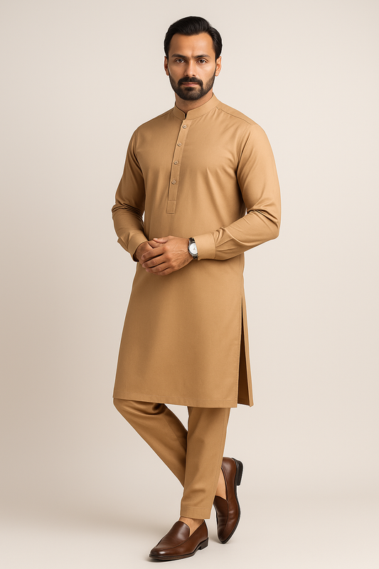 Pasha Premium | 100% Soft Egyptian Cotton | Luxurious Unstitched Fabric (Camel Color)