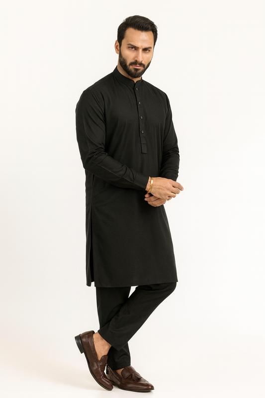 Premium Egyptian Cotton – Jet Black | Luxury Men’s Shalwar Kameez Fabric (4.5m)