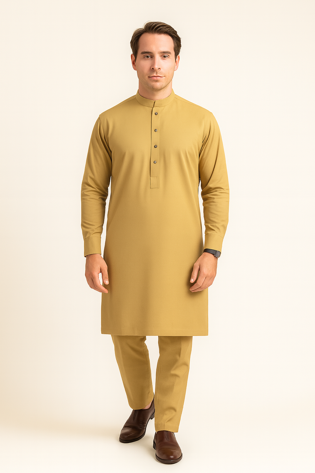Premium Egyptian Cotton – Golden Mustard | Luxury Men’s Shalwar Kameez Fabric (4.5m)