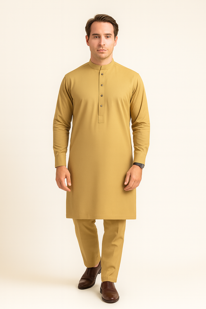 Premium Egyptian Cotton – Golden Mustard | Luxury Men’s Shalwar Kameez Fabric (4.5m)
