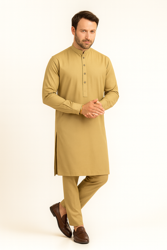 Premium Egyptian Cotton – Golden Mustard | Luxury Men’s Shalwar Kameez Fabric (4.5m)