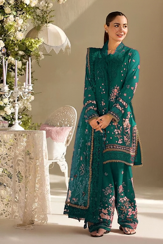 Dhanak Marina 3-Piece Embroidered Suit – Teal Green | Wool Shawl | Daman & Sleeves Patches