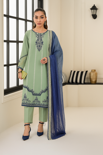 3-Piece Embroidered Dhanak Suit – Pastel Green & Navy | Heavy Sequence Work | Winter Collection