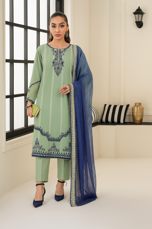3-Piece Embroidered Dhanak Suit – Pastel Green & Navy | Heavy Sequence Work | Winter Collection
