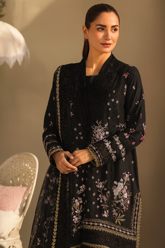 Khaadi Dhanak – 3PC Embroidered Suit | Classic Black & Pink | Wool Shawl