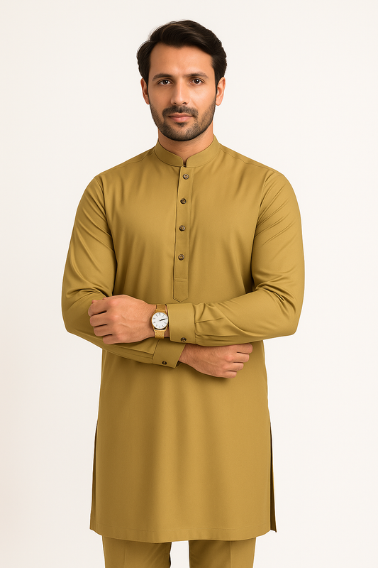 Premium Egyptian Cotton – Golden Mustard | Luxury Men’s Shalwar Kameez Fabric (4.5m)