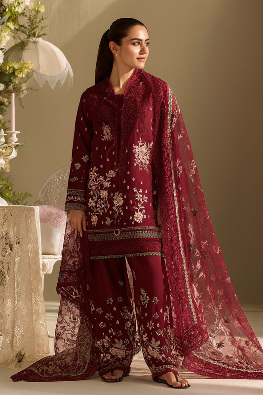 Khaadi Dhanak 3-Piece Embroidered Suit – Deep Maroon | Wool Shawl | Heavy Trouser Embroidery