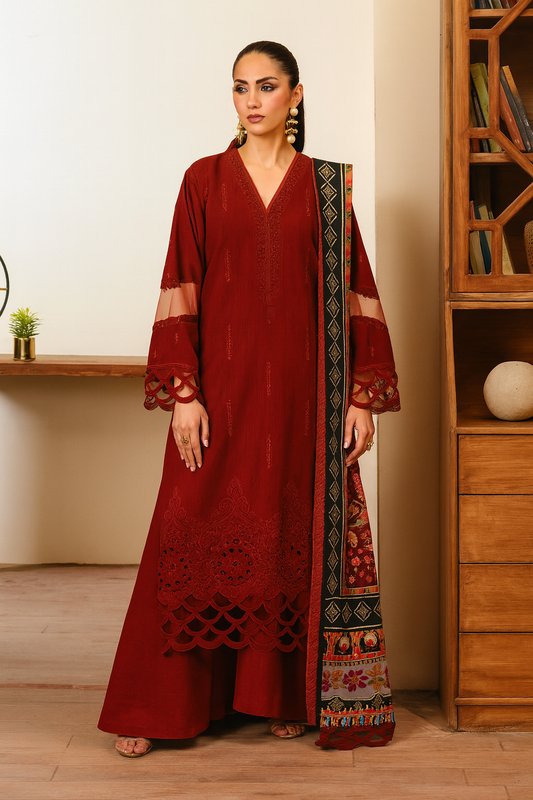 Mahnur Dhanak – 3PC Embroidered Suit | Deep Maroon | Digital Wool Shawl